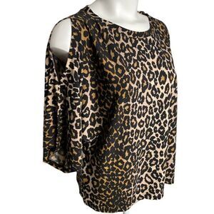 RACHEL‎ ROY Brown Black Leopard Print Split Dolman Sleeve Stretch Top Sz Small